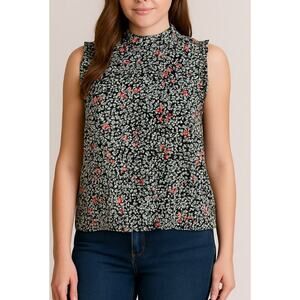 Zara blouse black ditsy floral print ruffle collar lightweight top SZ SM Zara